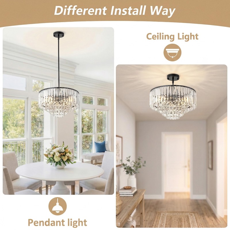 Helitemis Modern Tiered Crystal Chandelier, Black Modern Pendant Light with