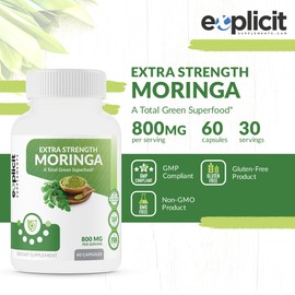 eXplicit Supplements Extra Strength Moringa Capsules - 800mg Moringa Oleifera Green Superfood Supplement - 60 Capsules