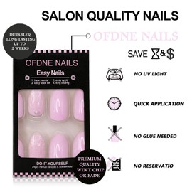 Cute Press on Nails Short Almond OFDNE Baby Pink Fake Nails Pearls Charms False Nails Shell Embossed Designs Full Cover Stick on Nails Glue on Nails Acrylic Nails for Women Girls 24 Pcs