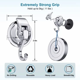 Strong Suction Hooks Vacuum 2-Pack Load Capacity 5kg Wall Hook Reusable Wall Hook No Scratches Bathroom Bath Kitchen Office Living ABS Resin Silver