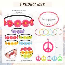 Xinnun 20 Pieces Hippie Costume Accessories Set, 60s 70s Accessories Women Flower Crown Headband Hippie Sunglasses Beaded Bracelet Peace Sign Necklace for Festival Disco Retro Theme Party Supplies