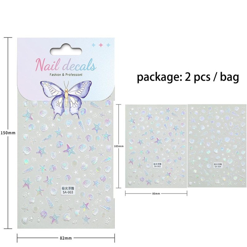 2 Pcs Ocean Nail Stickers for Nail Art, 5D Embossing