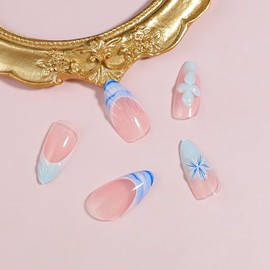 24 PCS Press on Nails Medium Almond Blue Nail Tips Acrylic Nail Kit 3D Hibiscus Flowers Stripe Charms Nail Art Fake Nails Press Ons Blue Pink French Tip Glue Nails Full Cover False Nails for Women