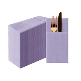 PAW - Linen Feel Napkins with Built-in Flatware Pocket, Airlaid Paper Pre-Folded Napkins for Silverware, Wedding Party, Dinner, Birthday, Gatherings, Monocolor Violet, 50 Count
