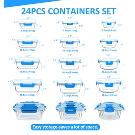 KOMUEE 24 Pieces Glass Food Storage Containers Set,Glass Meal Prep Containers Set with Lids-Stackable Airtight Glass Storage Containers with lids, Freezer to Oven Safe,Blue
