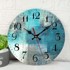 WWOOPLL Round Wall Clock Silent Non-Ticking Clock 10 Inch/25 CM, Turquoise and Grey Abstract Art Painting Home Decor for Living Room, Bathroom, Bedroom, Kitchen, Office and School