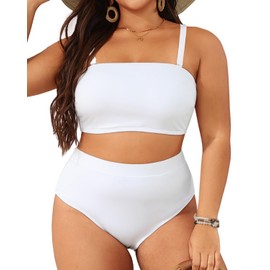Holipick Women Plus Size Two Piece Bikini High Waisted Swimsuit Bandeau Strapless Bathing Suit Swimwear White