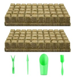 LONGHAO 50 + 4 x Wool Plant Stoppers, Rock Wool Stoppers, Rock Wool Blocks, Rock Wool Cubes, Hydroponic Rock Wool Cubes, with 4 Seedling Transplanting Tools, for Growing