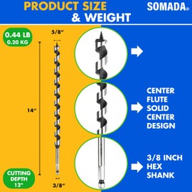 SOMADA 5/8-Inch x 14-Inch Auger Drill Bit for Wood, Hex Shank 3/8-Inch One Piece, Ship Auger Long Drill Bit for Soft and Hard Wood, Plastic, Drywall and Composite Materials