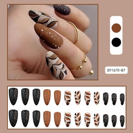 Fall Press on Nails Medium Almond Fake Nails Black Matte Acrylic Nails with Autumn and Winter Leaves Designs Press on False Nails Full Cover Artificial Nails Stick on Nails for Women 24Pcs