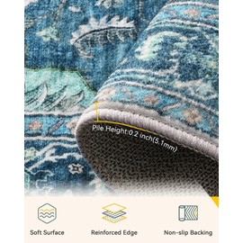 RELEANY Area Rugs 7'x9' Washable Non-Slip, Floral Vintage Distress Print Pattern Medallion Carpet for Living Room Bedroom Dining Room, Teal Green Lake Blue Turquoise