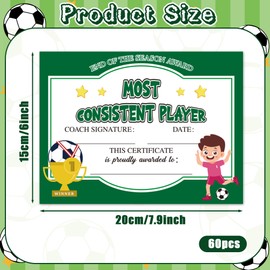 EYxsaxenk Soccer Achievement Award Certificates - 60Pcs End of Season Soccer Team Sport Game Ceremony Award Paper Achievement Certificate for Kids School Student Reward Teacher Class Motivation Supply