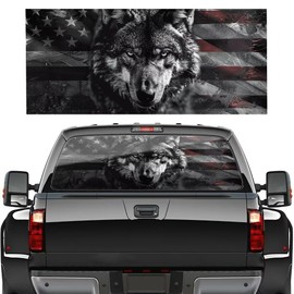 Black and White Wolf Flag Truck Rear Window Decal, American Flag Window Sticker, Patriotic Perforated Vinyl Sticker, Universal Clear Window Film for SUVs and Pickups 66" x 20"