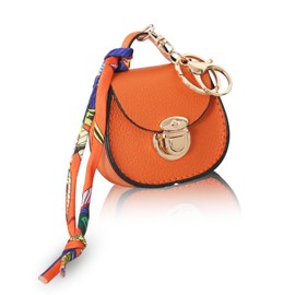 PWMDUX Mini Backpack Keychain Small Change Pouch Purse for Women, Cute Handbags Purse Charms Snap Button Key Headset Bag, Orange (Saddle-Shaped)