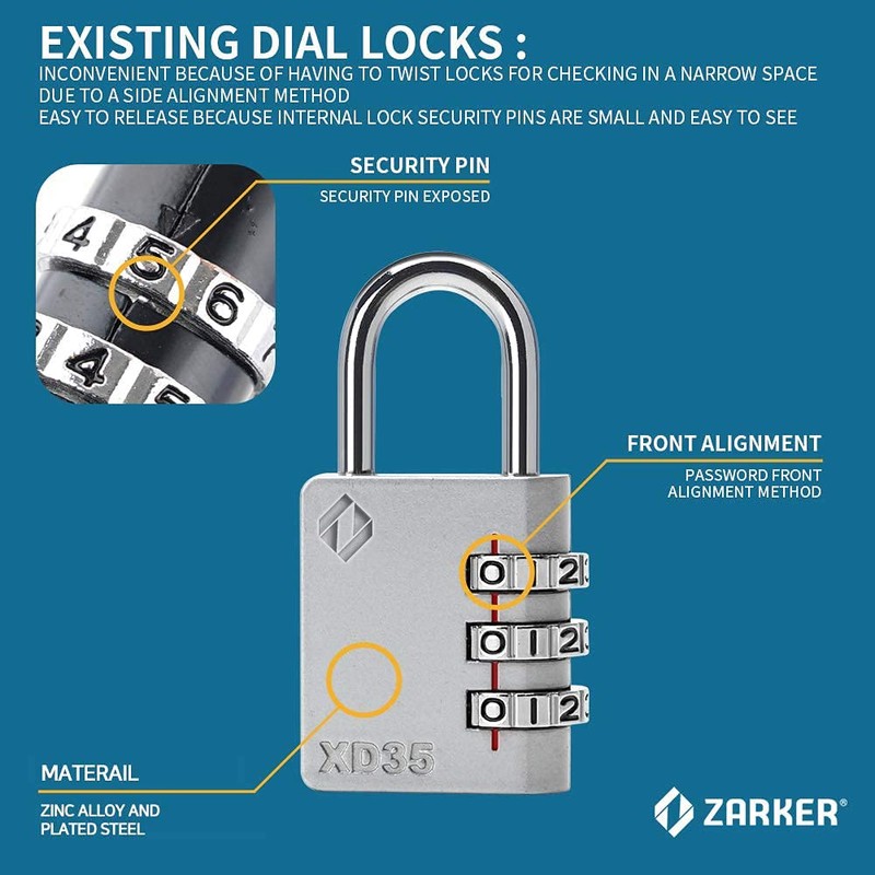 Zarker XD35 Combination Lock, 3-Digit Padlock for School Gym Sports