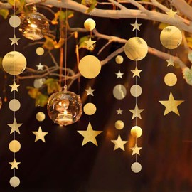 52ft Gold Circle Dot Star Garland HADEEONG 4Pcs Star Garland Party Streamers Reflective Glitter Paper Circle Dot Hanging Gold Party Celebration Decorations