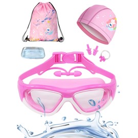 YARRATECH Gafas de Natación para Niños y Niñas, Gafas de natación antiniebla, cinco en uno, con gorra de baño/tapones para los oídos/pinzas (Rosa)