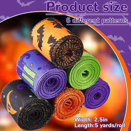 6 Rolls Halloween Wired Edge Ribbon for Wreaths 2.5 Inch x 30 Yards Bat Spider Web Pumpkin Print Grosgrain Ribbon Ghost Witch Hat and Leg Ribbon Halloween Party Decorative Ribbon Supplies, 6 Styles