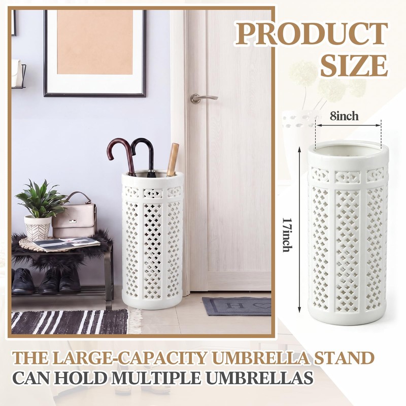 Sawysine White Ceramic Umbrella Stand with Hollow-out Design Heavy Porcelain