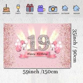 19th Birthday Decoration Happy 19th Birthday Backdrop for Girls Party Background Glitter Rosegold Banner with Diamond Element Kids Photo Studio Props Years Old Supplies