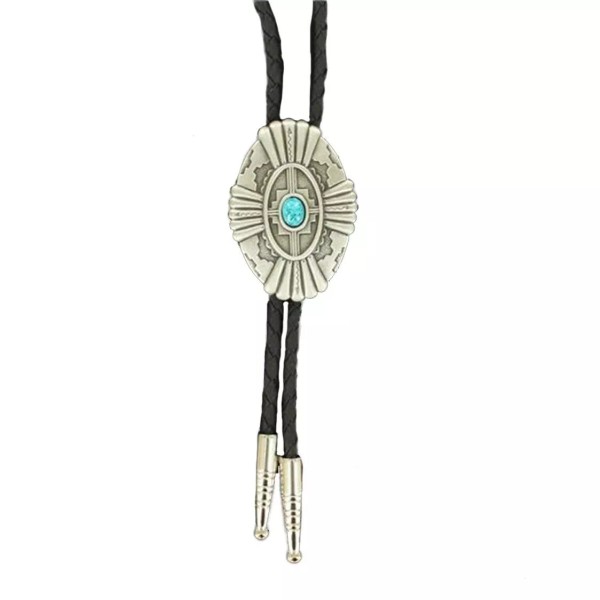 Double S Silver & Turquoise Stone Concho Slide Bolo Tie