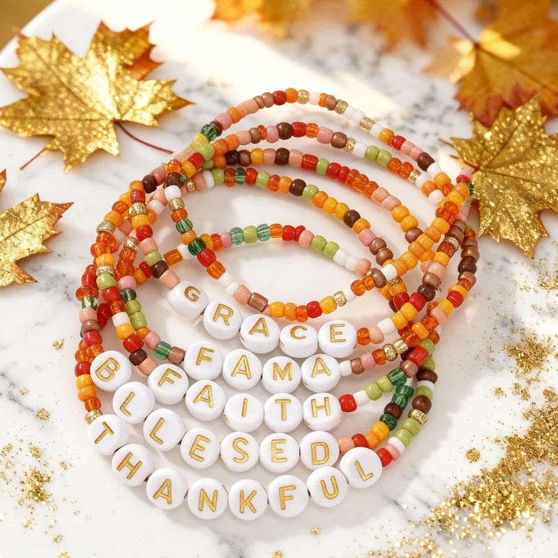 SHINUS BOHO Initial Gold Beaded Flower Fall Bracelet Stack for