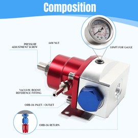 YESHMA EFI Fuel Pressure Regulator Kit 0-100psi with Gauge 6AN Fuel Line Fitting Universal Adjustable Aluminum (Blue+Red)