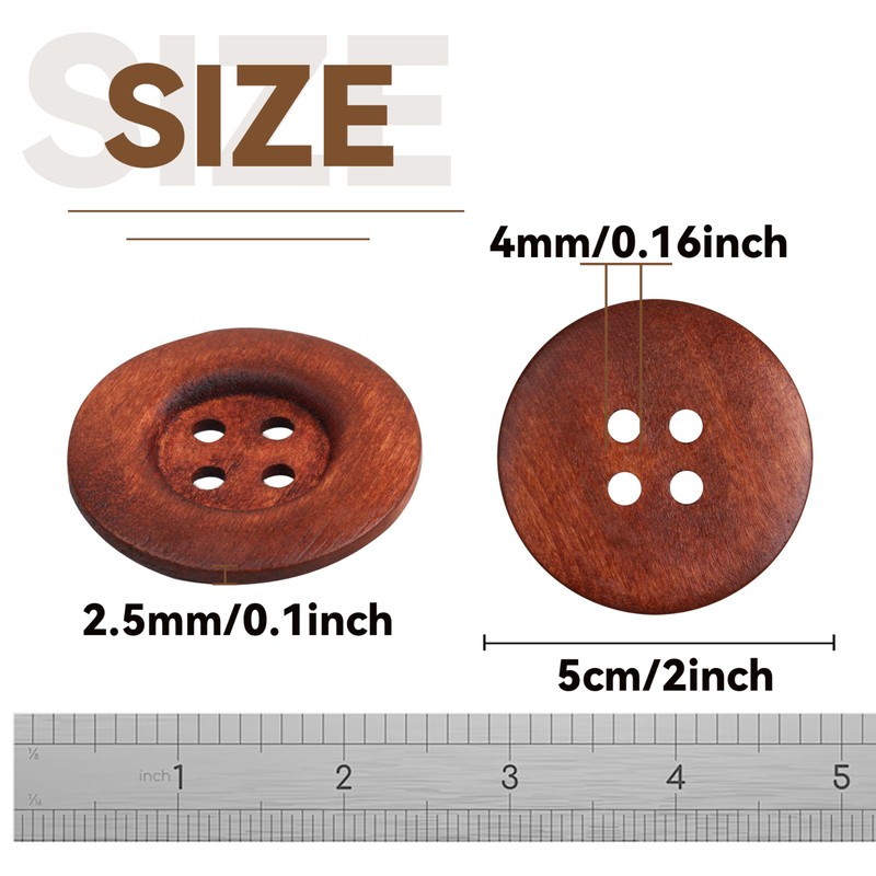 22pcs Brown Round Wood Buttons 4 Holes,Craft Buttons for Sewing