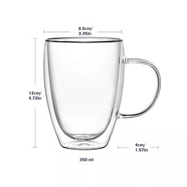 Wells 12 Oz Double Walled Glass Coffee Mugs with Handle, Insulated Layer Coffee Cup...