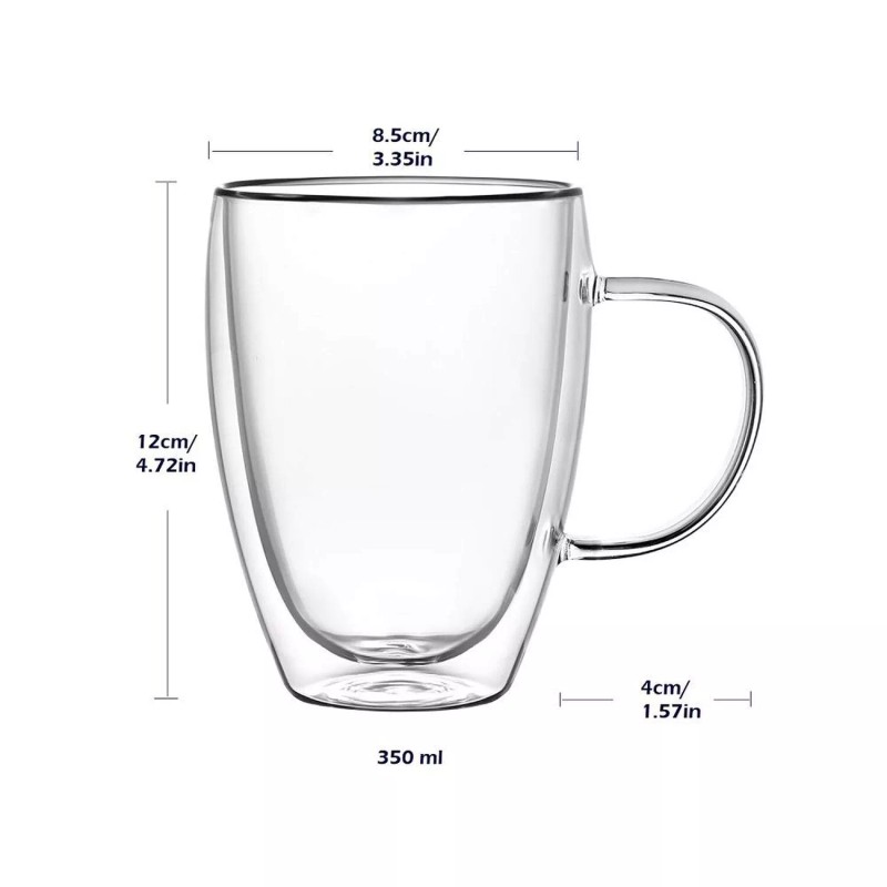 Wells 12 Oz Double Walled Glass Coffee Mugs with Handle,