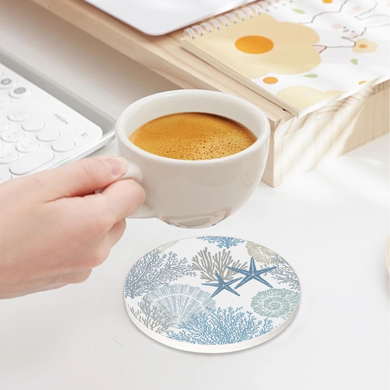 Summer Seashell Starfish Coasters Set of 6,Absorbent Ceramic Coasters with
