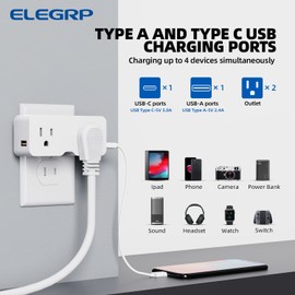 ELEGRP US to Japan Plug Adapter, Multi Plug Outlet with USB C and USB A Ports (4.2A in Total), Expander Adapter for Japan Travel, Home, Office, 125V, ETL Listed, White, 1 Pack