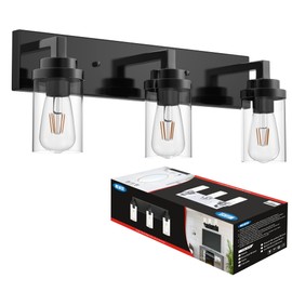 MELUCEE Vintage Bathroom Lighting Fixtures Over Mirror, 3-Light Modern Vanity Lights Black Finish Industrial Wall Sconce with Clear Glass Shade