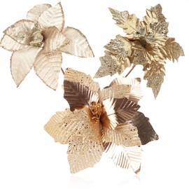 com-four® 3 x Christmas Star Decorative Arrangement, Artificial Flowers as a Great Christmas Decoration, Beautiful Room Decoration, Also for Wreaths and Flower Arrangements (Gold)