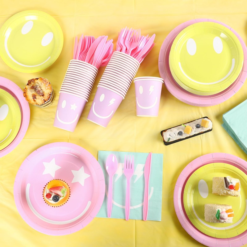 Kochorie 254 Pcs Preppy Smile Face Party Supplies Pastel Tableware