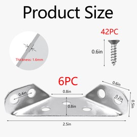 6PCS Universal Stainless Steel Furniture Corner Connector, Stainless Steel Corner Braces, Wooden Furniture Triangle Stabilizer for Furniture Corner Connectors, Including 42 Screws