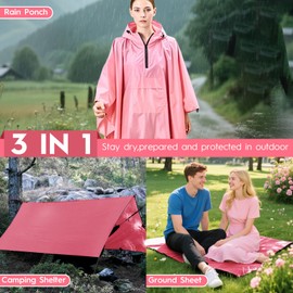Bruvoalon Multi-functional Waterproof Rain Poncho with 1/4 Zip & Chest Pocket, 3-in-1 Outdoor Rain Poncho, Sunshade, & Ground Mat for Adults Emergency Outdoor, Pink