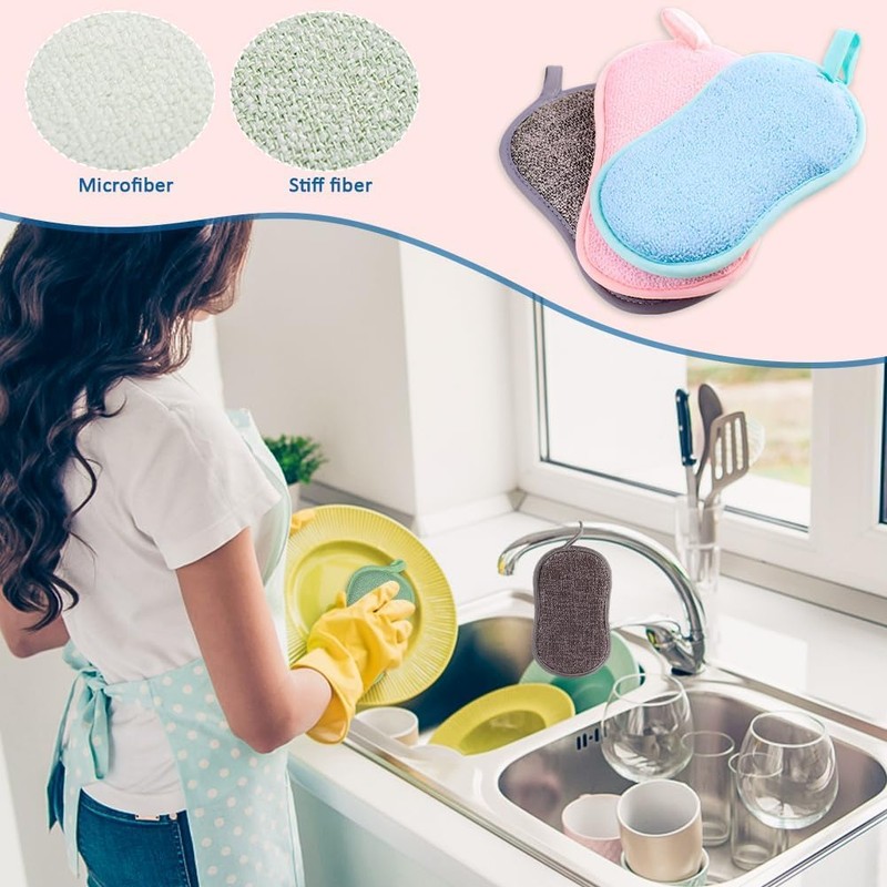 6PCS Reusable Sponges Kitchen Double-Side Microfiber Sponge Non Scratch Microfiber
