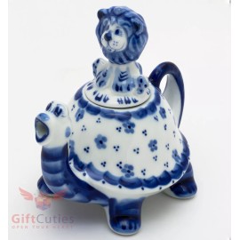 Handmade Porcelain Gzhel teapot Tortoise turtle with Lion cub as lid handmade in Russia