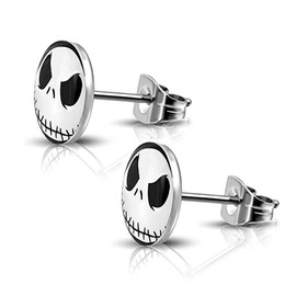 SIISPRI 316L Surgical Stainless Steel Jack Skellington Round Circle Button Stud Post Earrings(10 mm) (SilverER0025)