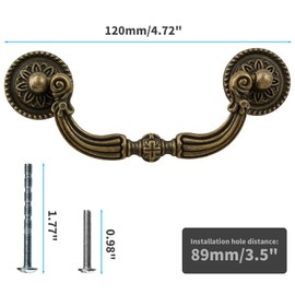 Kyuionty 4 Pack Bail Pull Handles, 3.5 Inch Hole Center Antique Drop Drawer Pull Swing Cabinet Dresser Handles, Antique Bronze(Total length: 4.72 inch)
