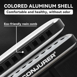 CONJURER Blues Harmonica for Kids Adult Beginners 10 Hole Diatonic Harmonica Key of C, Brass Reed Metal Mouth Organ C Key Blues Harp with Case, Black