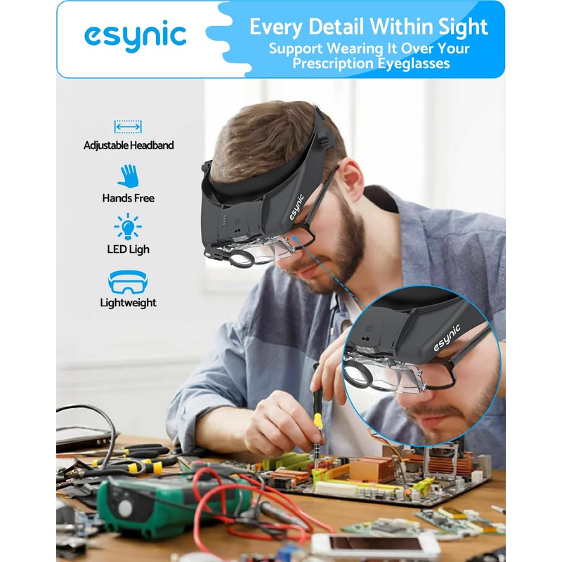 eSynic Type-C Rechargeable Magnifying Glasses Headset-Up to 13X Magnification-5 Interchangeable