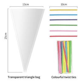 100pcs Sweet Cones Bags and Ties, Sweet Bags, Triangle Clear Cellophane Bags with 100pcs Colorful Ties for Cookie, Candy, Baking, Party Christmas and Festivals Wrapping