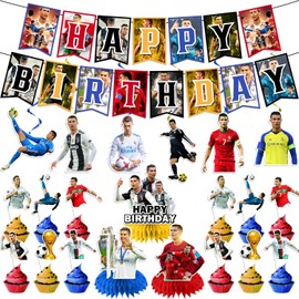 22pcs Soccer Star Party Decorations - Birthday Party Set Includes Cupcake Toppers, Banner, Centerpieces & Hanging Swirls