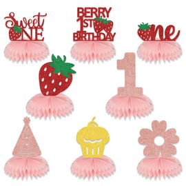 KEWUFD 8 PCS Berry 1st Birthday Honeycomb Centerpiece Baby Shower Decorations for Girls Strawberry 1st Birthday Centerpieces for Table Girls Party Supplies