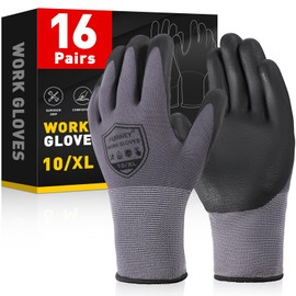 FURWEY Safety Work Gloves,16 Pairs Micro-Foam Nitrile Coated Glove for Men and Women, Touchscreen, Ideal for Warehouse Package Handling，Construction, Gardening, (X-Large,Gray