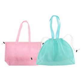 Lyreh 2pcs Mesh Beach Toy Handbags, Foldable Lightweight Kids Shell Collecting Mesh Beach Bag with Drawstring for Pool Gym Camping Seaside Trip Essentials(Pink & Green)