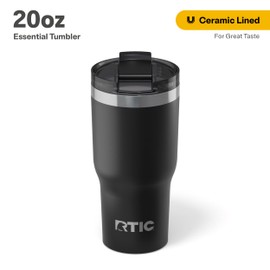 RTIC 20oz Essential Tumbler with Lid, Insulated, Stainless Steel, Metal, Double Wall Vacuum-Insulation, Ceramic Lined, Travel Cup for Iced Coffee, Tea, Hot and Cold Drink, Black