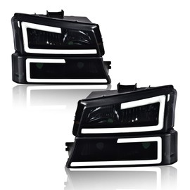 CHEDA Headlights Assembly, Compatible with 2003-2007 Chevy Silverado Avalanche, Smoky Lens Black Housing Clear Reflector LED DRL Bumper Headlamps Set, GM2503224 Faros Conjunto De Faros